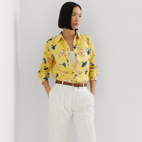 GUC. Women's Floral Roll-Tab Shirt, Petite Medium - gorgeous colors. Linen - Picture 3 of 9